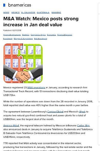 M&A Watch: Mexico posts strong increase in Jan deal value